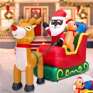 7 Ft Long 5 Ft Tall Christmas Inflatable Black Santa Claus On Sleigh Puppy Dog